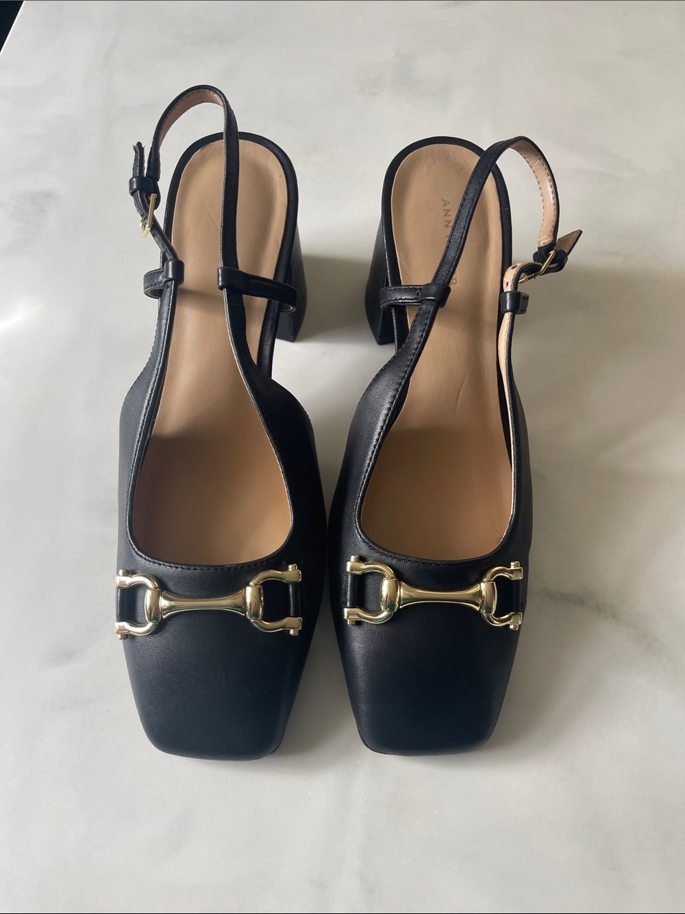 Ann Taylor Black Slingback Heels with Gold Horsebit Accent